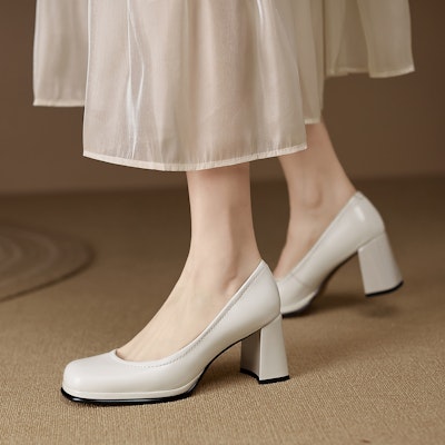 (Women) Luiza Barcelos Leather Round Toe Chunky Heel 'Beige' X901292 Details for (Women) Luiza Barcelos Leather Round Toe Chunky Heel 'Beige' X901292