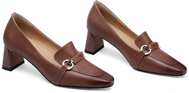 Luiza Barcelos 豬皮 馬銜扣尖頭粗跟高跟鞋 5.5cm 女款 黑色 3