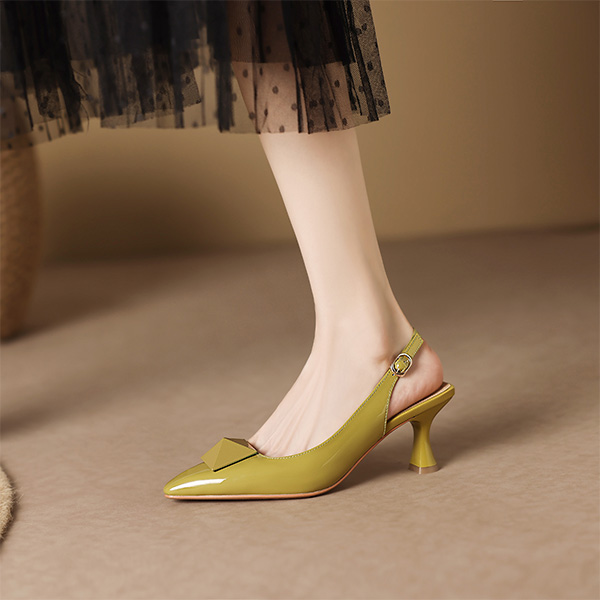 Order Luiza Barcelos 二層牛皮 尖頭搭扣 細跟 高跟鞋 5cm 女款 黃綠色