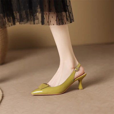 Luiza Barcelos 二層牛皮 尖頭搭扣 細跟 高跟鞋 5cm 女款 黃綠色 Order Luiza Barcelos 二層牛皮 尖頭搭扣 細跟 高跟鞋 5cm 女款 黃綠色