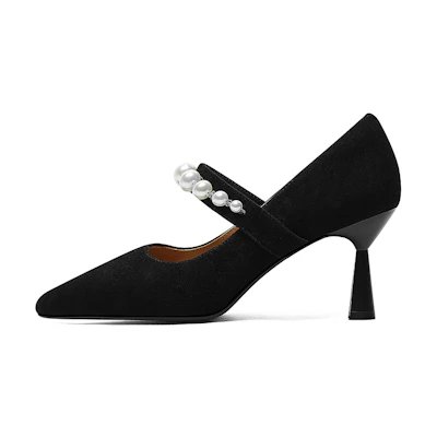 (W) Luiza Barcelos Pointed-Toe Pearl Fashion Stiletto Heels 'Black Velvet'