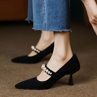 (Women) Luiza Barcelos Pointed-Toe Pearl Fashion Stiletto Heels 'Black Velvet' X900989 Purchase (Women) Luiza Barcelos Pointed-Toe Pearl Fashion Stiletto Heels 'Black Velvet' X900989