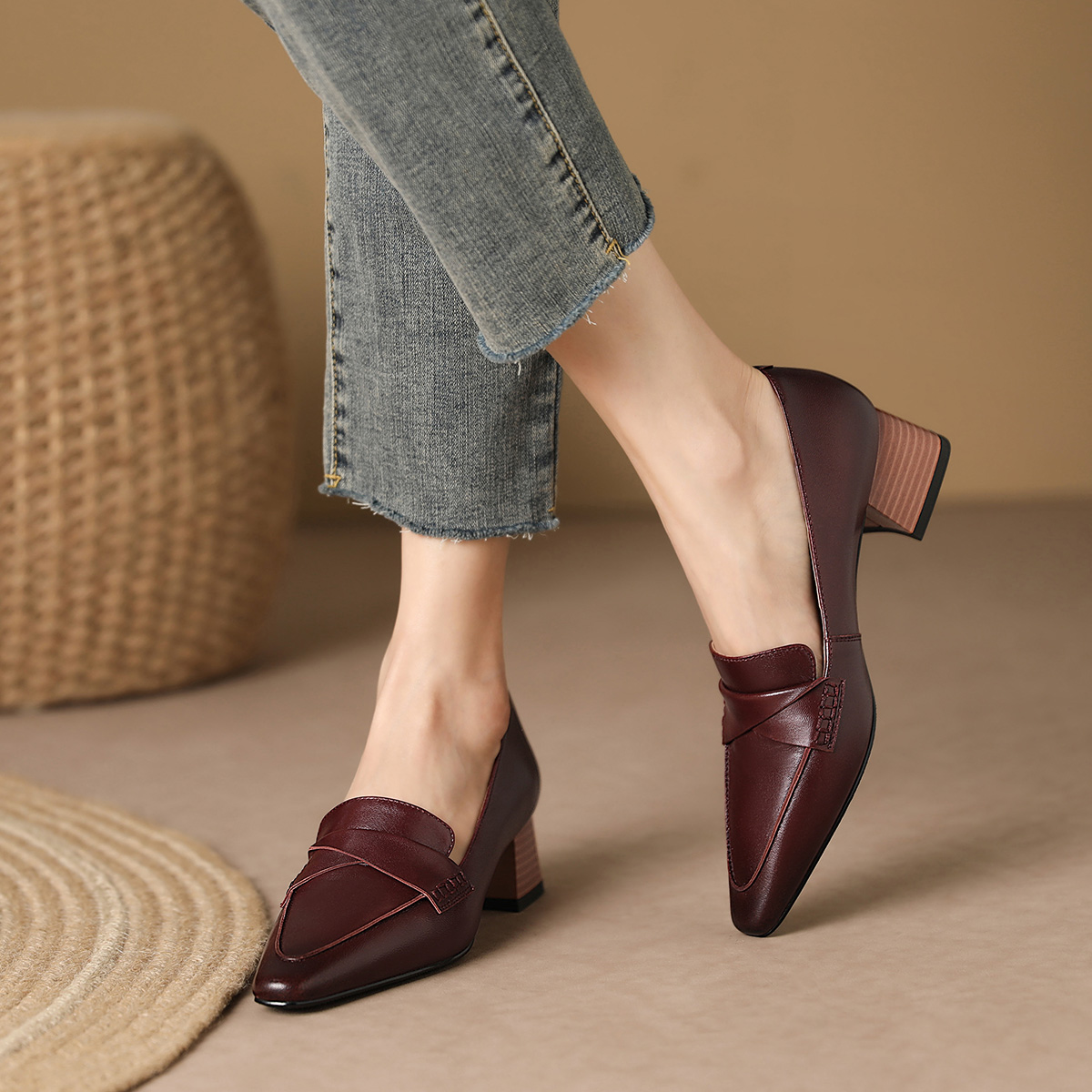 (W) Luiza Barcelos Pointed Toe Chunky Heel 'Burgundy' 圖 5