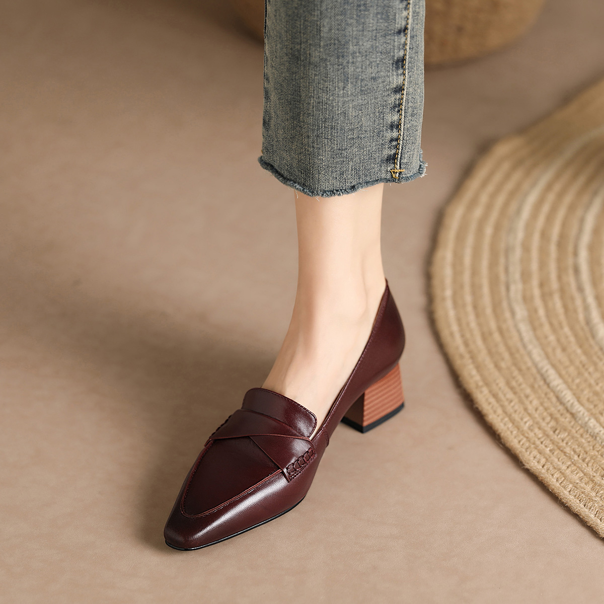 (W) Luiza Barcelos Pointed Toe Chunky Heel 'Burgundy' 圖 6