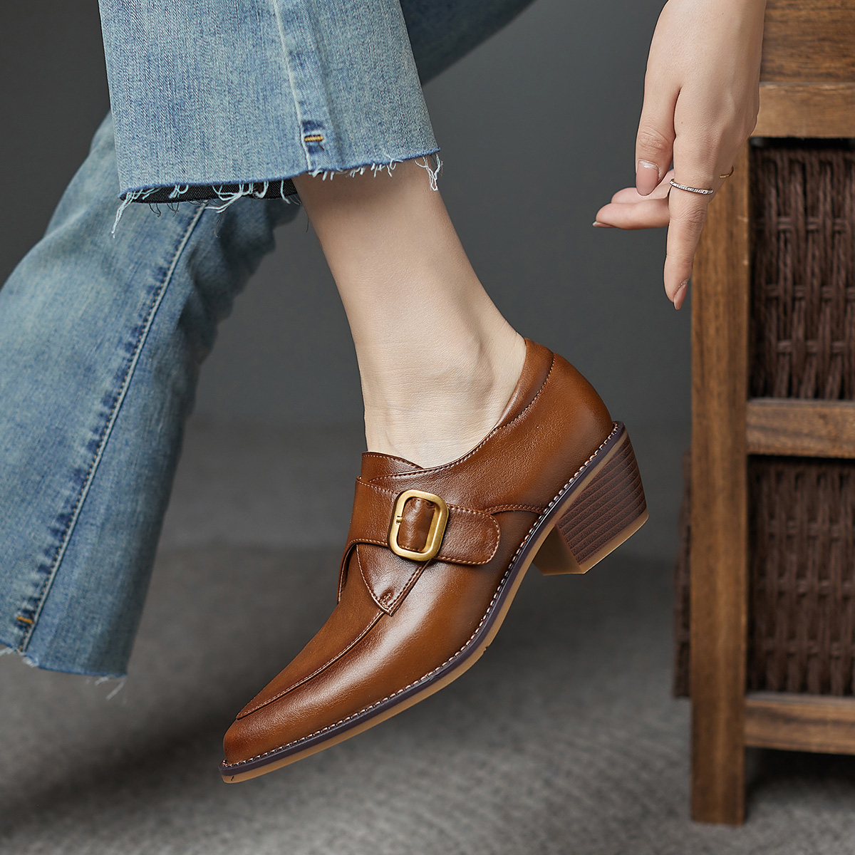 Shop (Women) Luiza Barcelos Pointed Toe Metallic Buckle Chunky Heel 'Tan' X901041