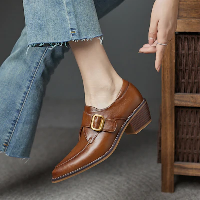 (Women) Luiza Barcelos Pointed Toe Metallic Buckle Chunky Heel 'Tan' X901041 Shop (Women) Luiza Barcelos Pointed Toe Metallic Buckle Chunky Heel 'Tan' X901041