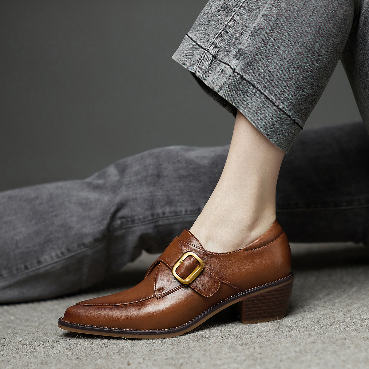 Purchase (Women) Luiza Barcelos Pointed Toe Metallic Buckle Chunky Heel 'Tan' X901041