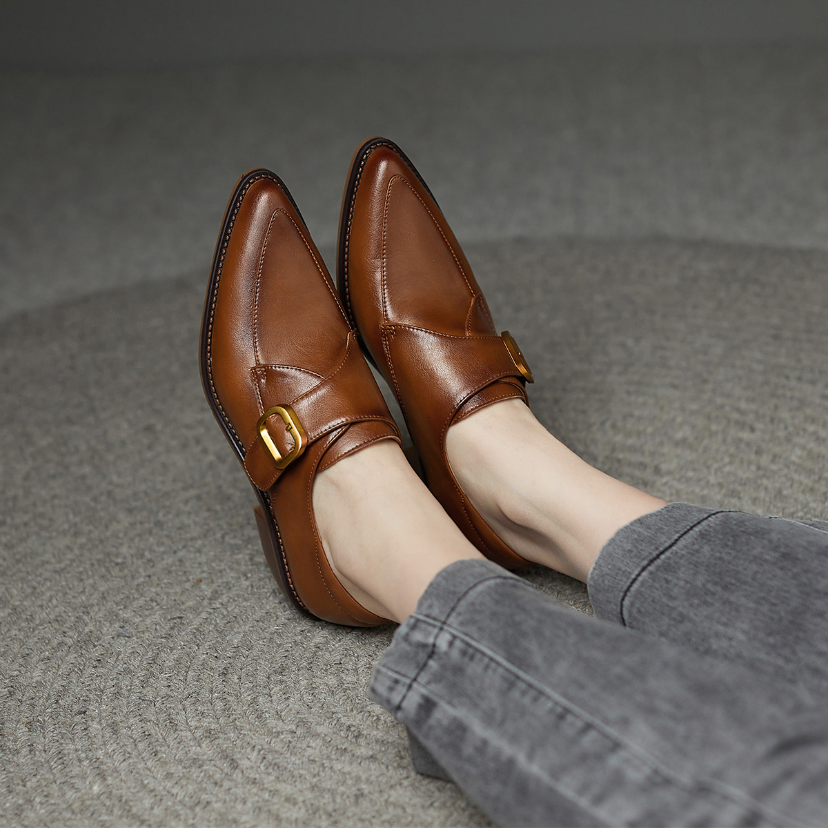 Details for (Women) Luiza Barcelos Pointed Toe Metallic Buckle Chunky Heel 'Tan' X901041