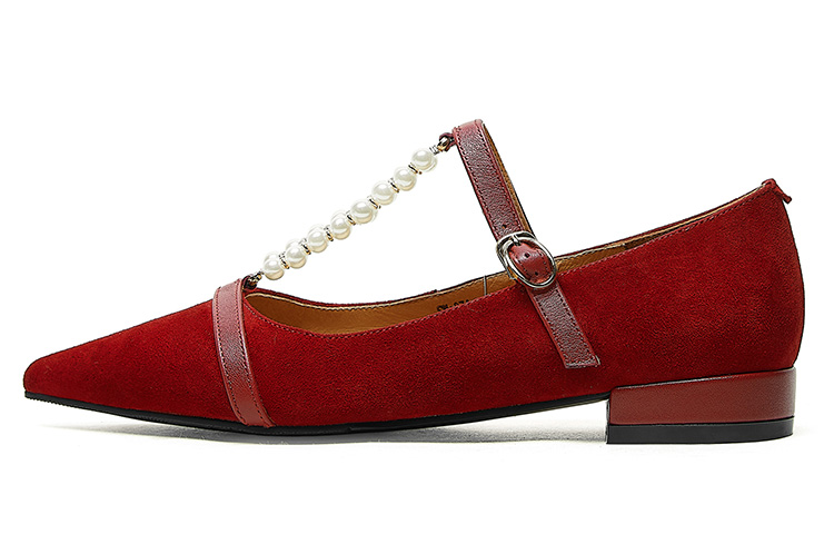 (Women) Luiza Barcelos Pointed Toe Pearl Strap Flats 'Red Suede' X900846