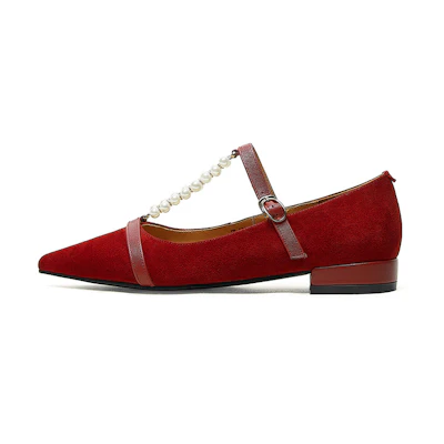(W) Luiza Barcelos Pointed Toe Pearl Strap Flats 'Red Suede'