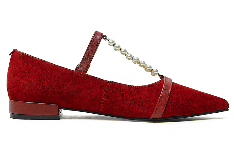 (W) Luiza Barcelos Pointed Toe Pearl Strap Flats 'Red Suede' 圖 2