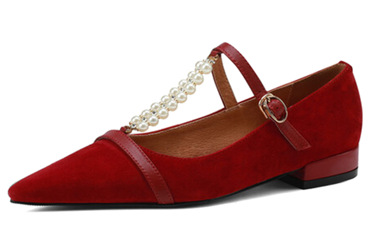 (W) Luiza Barcelos Pointed Toe Pearl Strap Flats 'Red Suede' 圖 3