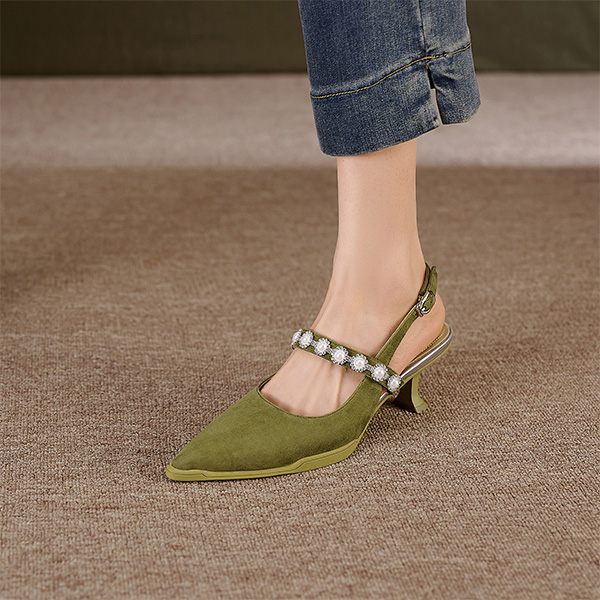 (W) Luiza Barcelos Pointed Toe Sculpted Buckle Stiletto 'Green Velvet' 圖 5