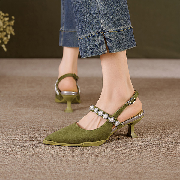 (W) Luiza Barcelos Pointed Toe Sculpted Buckle Stiletto 'Green Velvet' 圖 6
