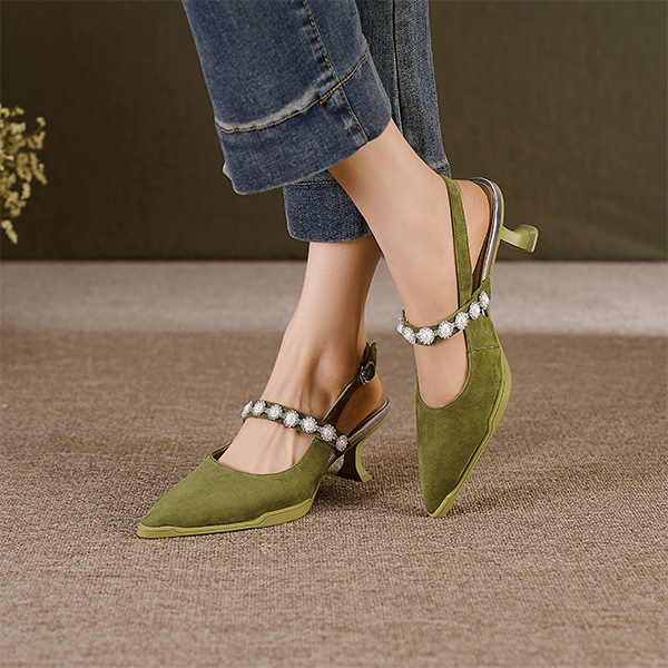 (W) Luiza Barcelos Pointed Toe Sculpted Buckle Stiletto 'Green Velvet' 圖 7