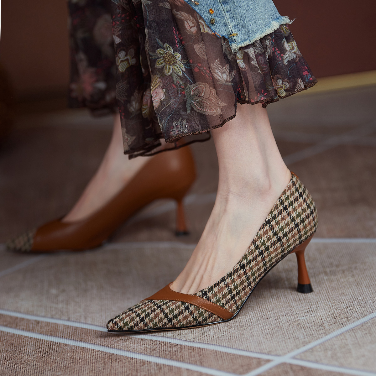 (W) Luiza Barcelos Pointed Toe Stiletto 6.5cm 'Houndstooth Brown Leather' 圖 6