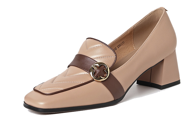 (Women) Luiza Barcelos Retro Chunky Heel Pumps 'Apricot & Brown Leather with Metal Buckle' X900948