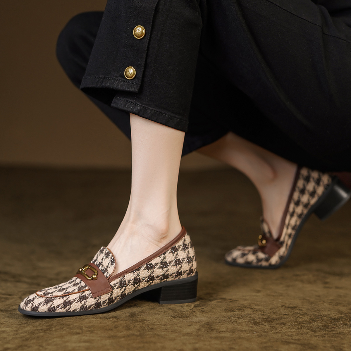 Purchase (W) Luiza Barcelos 复古千鸟格厚跟乐福鞋 '棕色' X900987