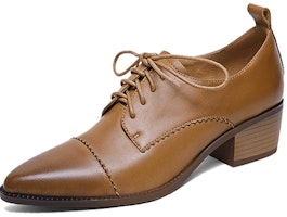 (Women) Luiza Barcelos Retro Pointed Toe Lace-Up Chunky Heel 'Light Brown' X901167 (Women) Luiza Barcelos Retro Pointed Toe Lace-Up Chunky Heel 'Light Brown' X901167