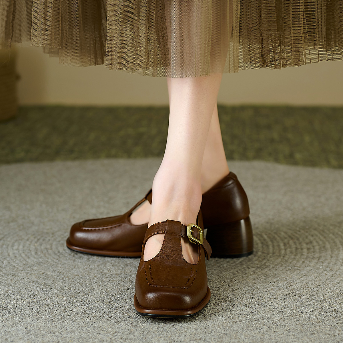 (W) Luiza Barcelos Retro T-Strap Chunky Heel 'Brown Leather' 圖 2