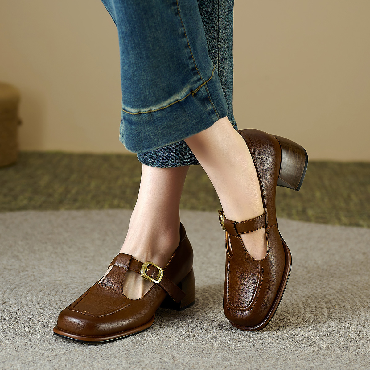 (W) Luiza Barcelos Retro T-Strap Chunky Heel 'Brown Leather' 圖 3