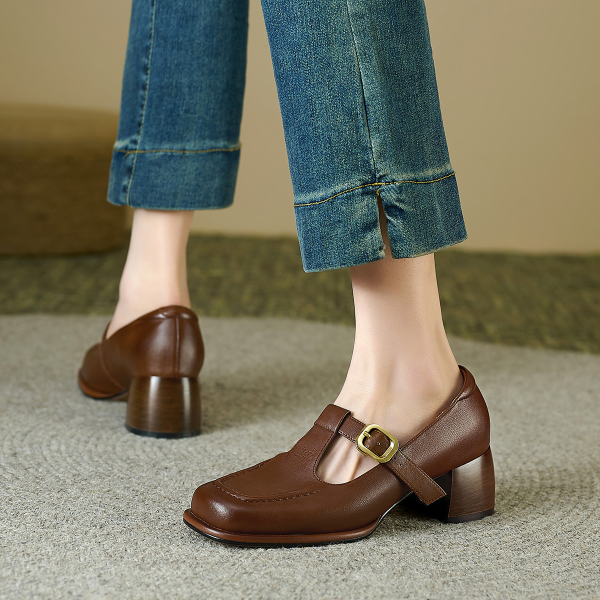 (W) Luiza Barcelos Retro T-Strap Chunky Heel 'Brown Leather' 圖 4