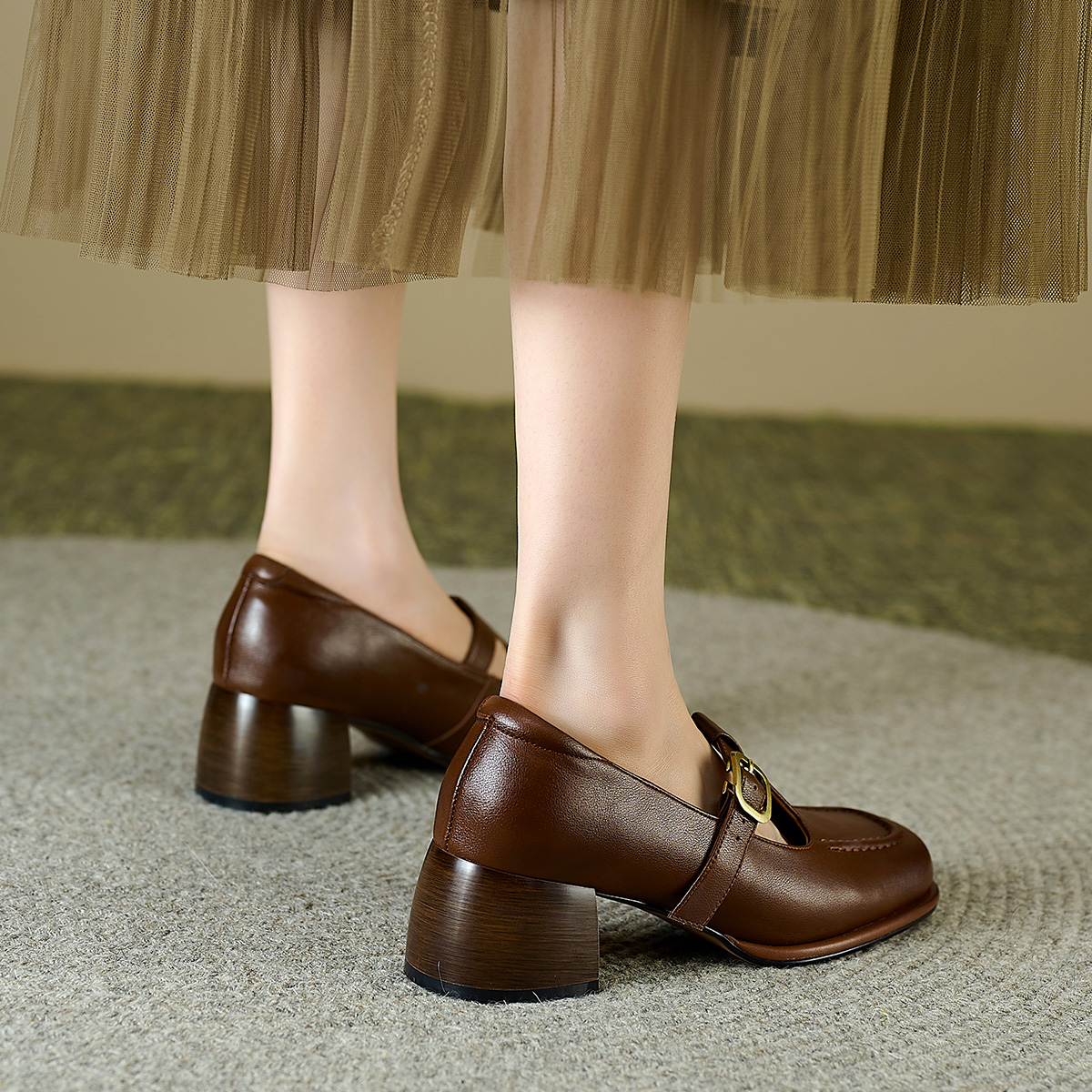 (W) Luiza Barcelos Retro T-Strap Chunky Heel 'Brown Leather' 圖 5