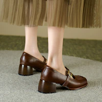 Purchase Luiza Barcelos 牛皮 復古圓頭T字帶 粗跟 高跟鞋 5cm 女款 棕色