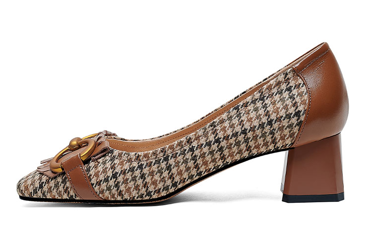 (W) Luiza Barcelos Retro Tassel Houndstooth Chunky Heel 'Caramel'