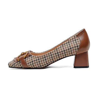 (W) Luiza Barcelos Retro Tassel Houndstooth Chunky Heel 'Caramel'