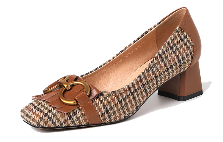 (W) Luiza Barcelos Retro Tassel Houndstooth Chunky Heel 'Caramel' 圖 3