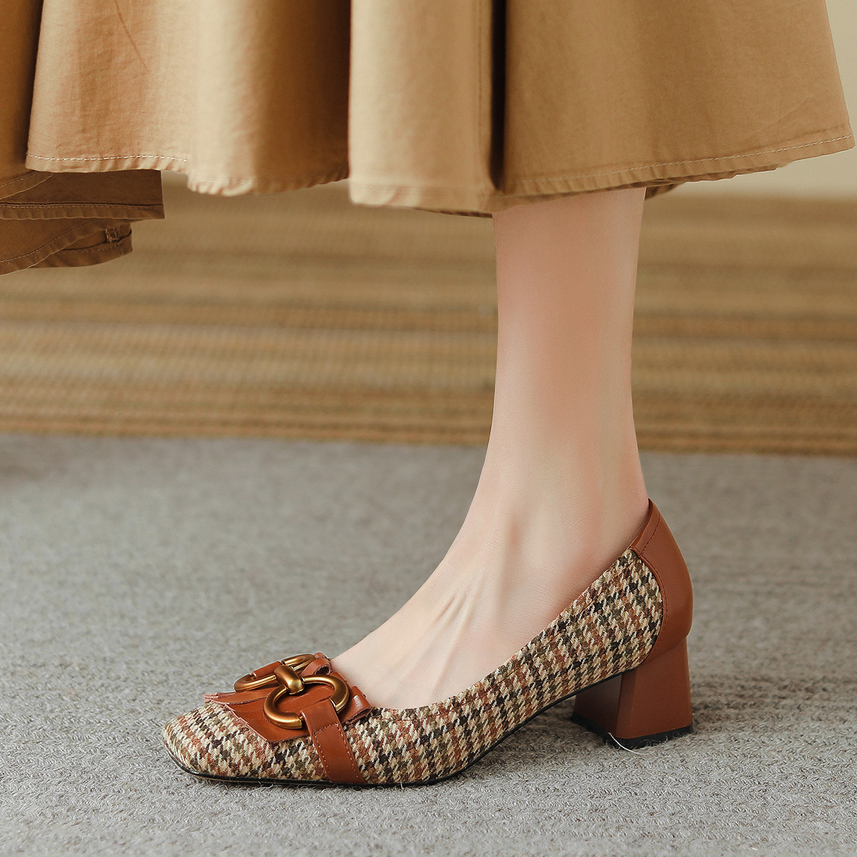 (W) Luiza Barcelos Retro Tassel Houndstooth Chunky Heel 'Caramel' 圖 6