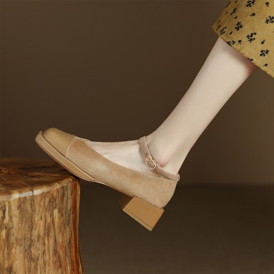 (Women) Luiza Barcelos Round Toe Buckle Block Heel 'Apricot Suede' X901021 Details for (Women) Luiza Barcelos Round Toe Buckle Block Heel 'Apricot Suede' X901021
