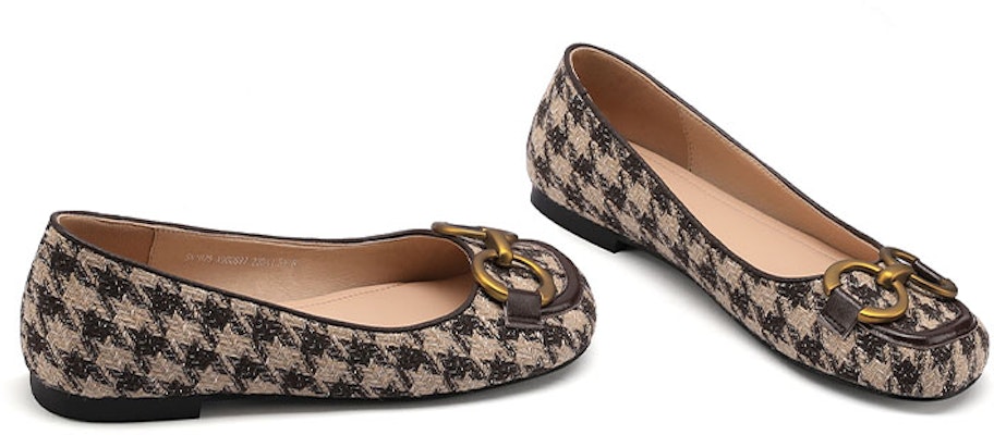 Luiza Barcelos 牛皮革+織物千鳥格馬銜扣圓頭休閒單鞋 女款 棕色 Shop Luiza Barcelos 牛皮革+織物千鳥格馬銜扣圓頭休閒單鞋 女款 棕色