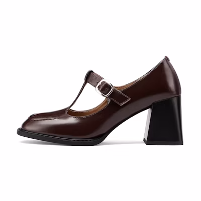 (W) Luiza Barcelos Round Toe Chunky Heel Buckle Pumps 4cm 'Brown Leather'
