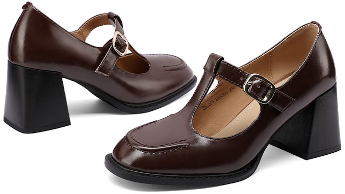 (Women) Luiza Barcelos Round Toe Chunky Heel Buckle Pumps 4cm 'Brown Leather' X900835 Shop (Women) Luiza Barcelos Round Toe Chunky Heel Buckle Pumps 4cm 'Brown Leather' X900835