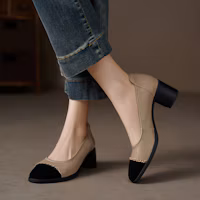Shop Luiza Barcelos 頭層牛皮 圓頭套腳百搭 粗跟 高跟鞋 5cm 女款 灰黑色