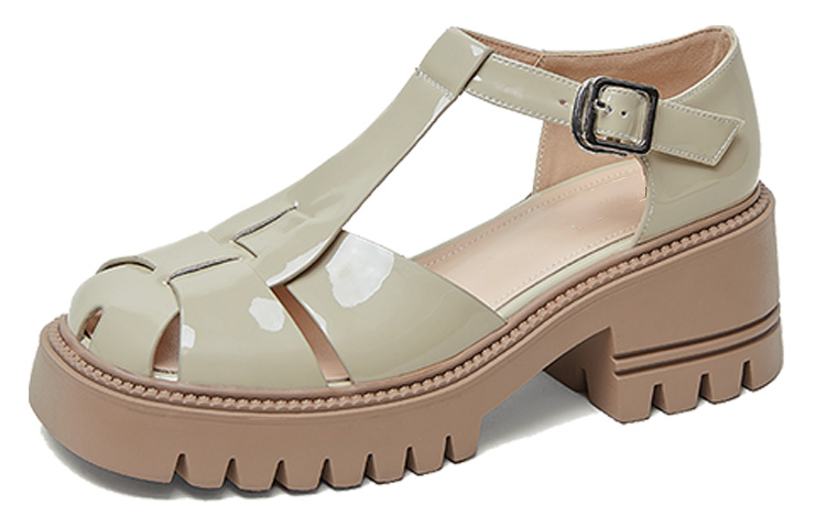 (Women) Luiza Barcelos Round Toe Woven Buckle Chunky Heel Sandals 'Apricot' X901312