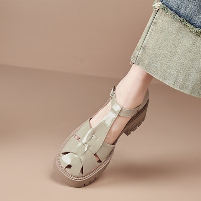 (Women) Luiza Barcelos Round Toe Woven Buckle Chunky Heel Sandals 'Apricot' X901312 Order (Women) Luiza Barcelos Round Toe Woven Buckle Chunky Heel Sandals 'Apricot' X901312