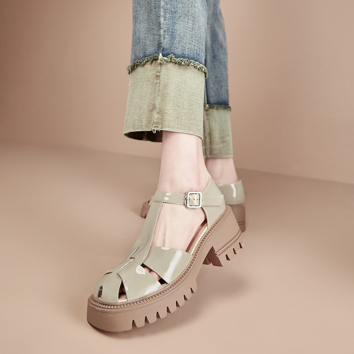 Shop (Women) Luiza Barcelos Round Toe Woven Buckle Chunky Heel Sandals 'Apricot' X901312