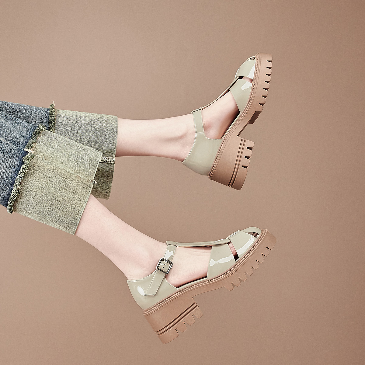 Purchase (Women) Luiza Barcelos Round Toe Woven Buckle Chunky Heel Sandals 'Apricot' X901312