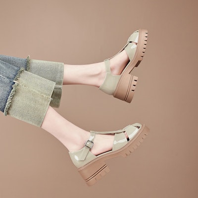 (Women) Luiza Barcelos Round Toe Woven Buckle Chunky Heel Sandals 'Apricot' X901312 Purchase (Women) Luiza Barcelos Round Toe Woven Buckle Chunky Heel Sandals 'Apricot' X901312