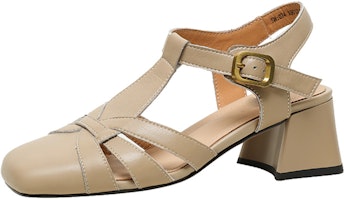 (Women) Luiza Barcelos Round Toe Woven Chunky Heel Buckle Sandal 'Apricot' X901375 (Women) Luiza Barcelos Round Toe Woven Chunky Heel Buckle Sandal 'Apricot' X901375