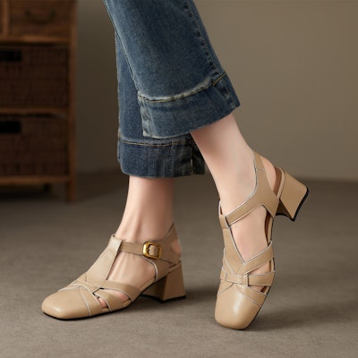 (Women) Luiza Barcelos Round Toe Woven Chunky Heel Buckle Sandal 'Apricot' X901375 Order (Women) Luiza Barcelos Round Toe Woven Chunky Heel Buckle Sandal 'Apricot' X901375