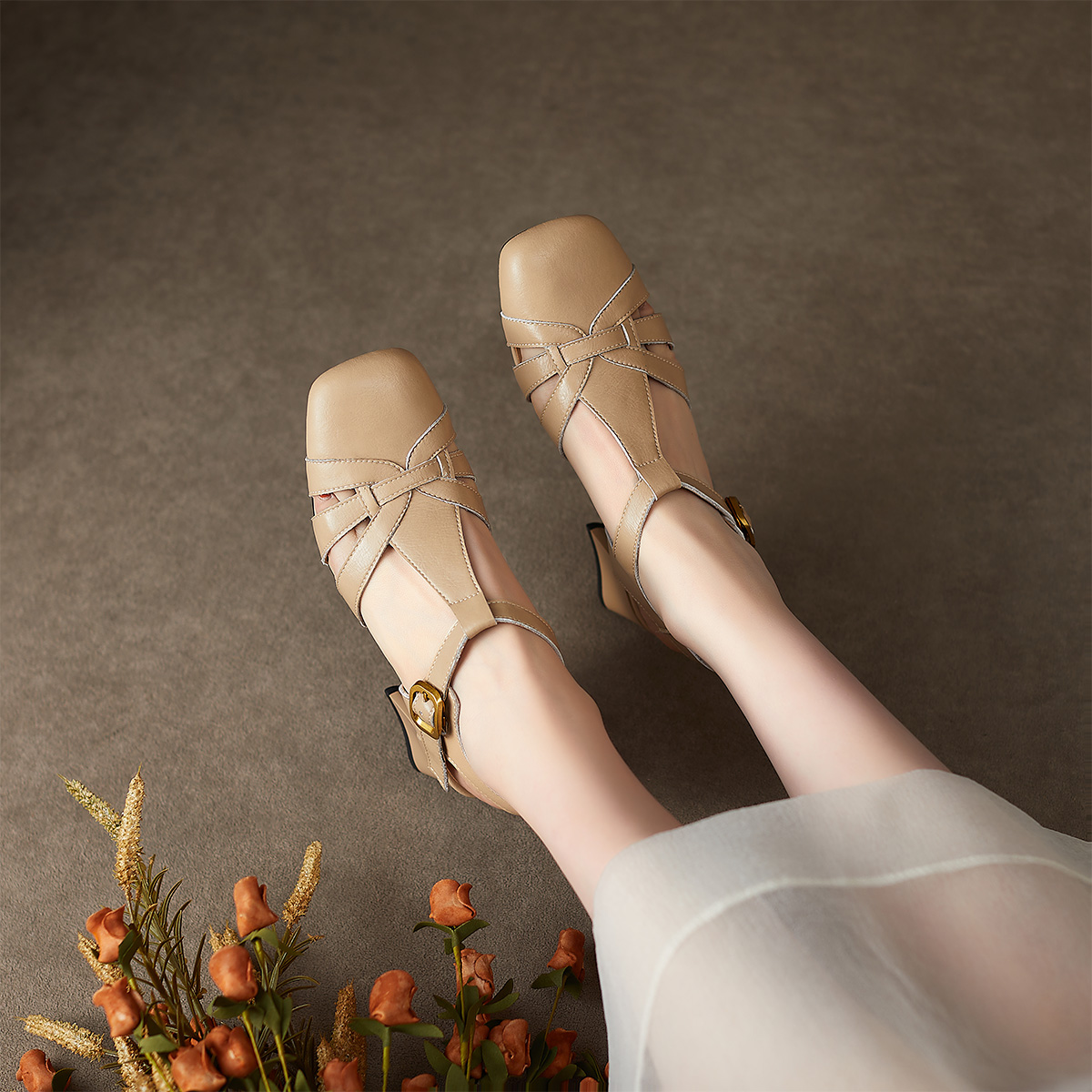 Lookbook (Women) Luiza Barcelos Round Toe Woven Chunky Heel Buckle Sandal 'Apricot' X901375