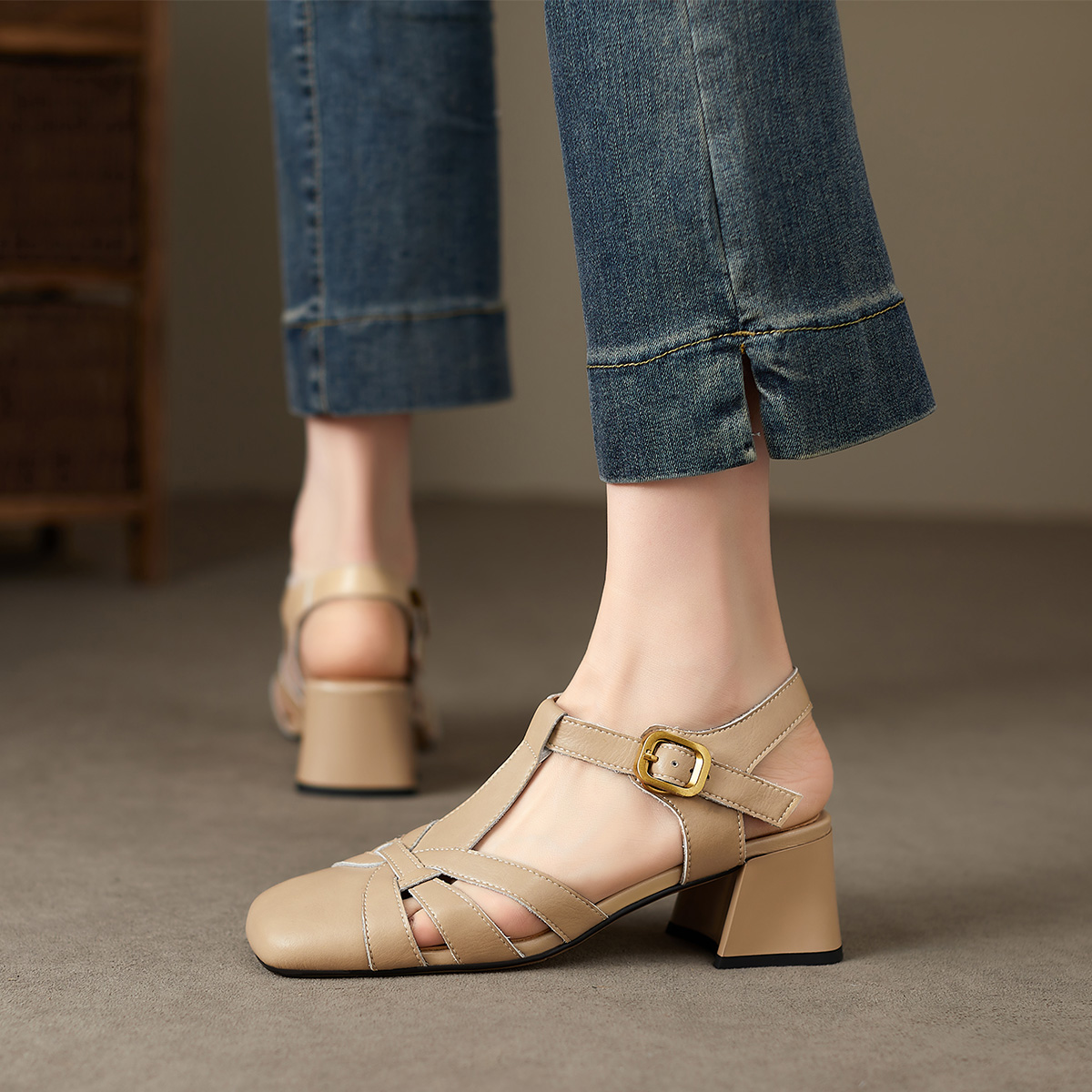 Shop (Women) Luiza Barcelos Round Toe Woven Chunky Heel Buckle Sandal 'Apricot' X901375