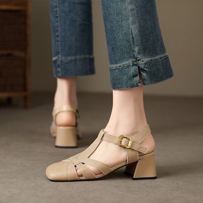 (Women) Luiza Barcelos Round Toe Woven Chunky Heel Buckle Sandal 'Apricot' X901375 Shop (Women) Luiza Barcelos Round Toe Woven Chunky Heel Buckle Sandal 'Apricot' X901375