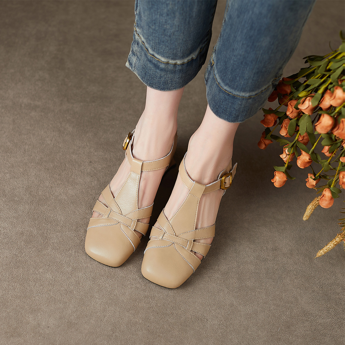 Purchase (Women) Luiza Barcelos Round Toe Woven Chunky Heel Buckle Sandal 'Apricot' X901375