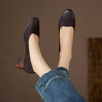 Order Luiza Barcelos 頭層牛皮 尖頭套腳百搭 粗跟 高跟鞋 5.5cm 女式 深咖啡色