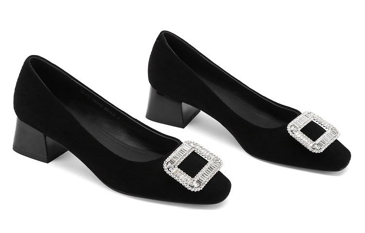 (W) Luiza Barcelos Square Toe High Heel with Metal Buckle 4cm 'Black Suede' 圖 4